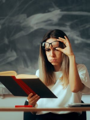 Frustrated professor finding grammar mistakes and misinformation in books